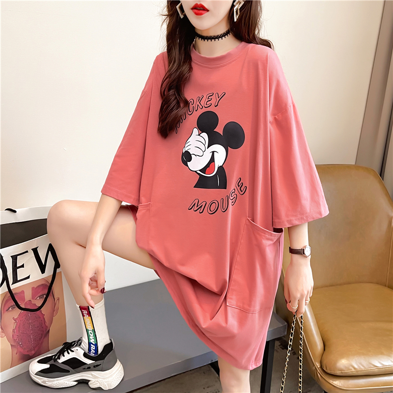 Real shot summer Korean style loose round neck cartoon print top mid-length large size women's short-sleeved T-shirt for women
