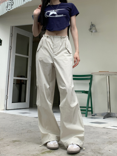 Real shot of American high street fashion hot parachute overalls for women summer adjustable waist wide leg loose trousers