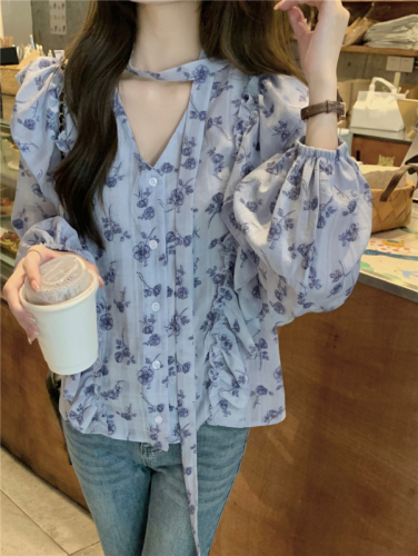 Real shot!  Spring French light mature style versatile v-neck shirt single-breasted ruffled lace-up printed top
