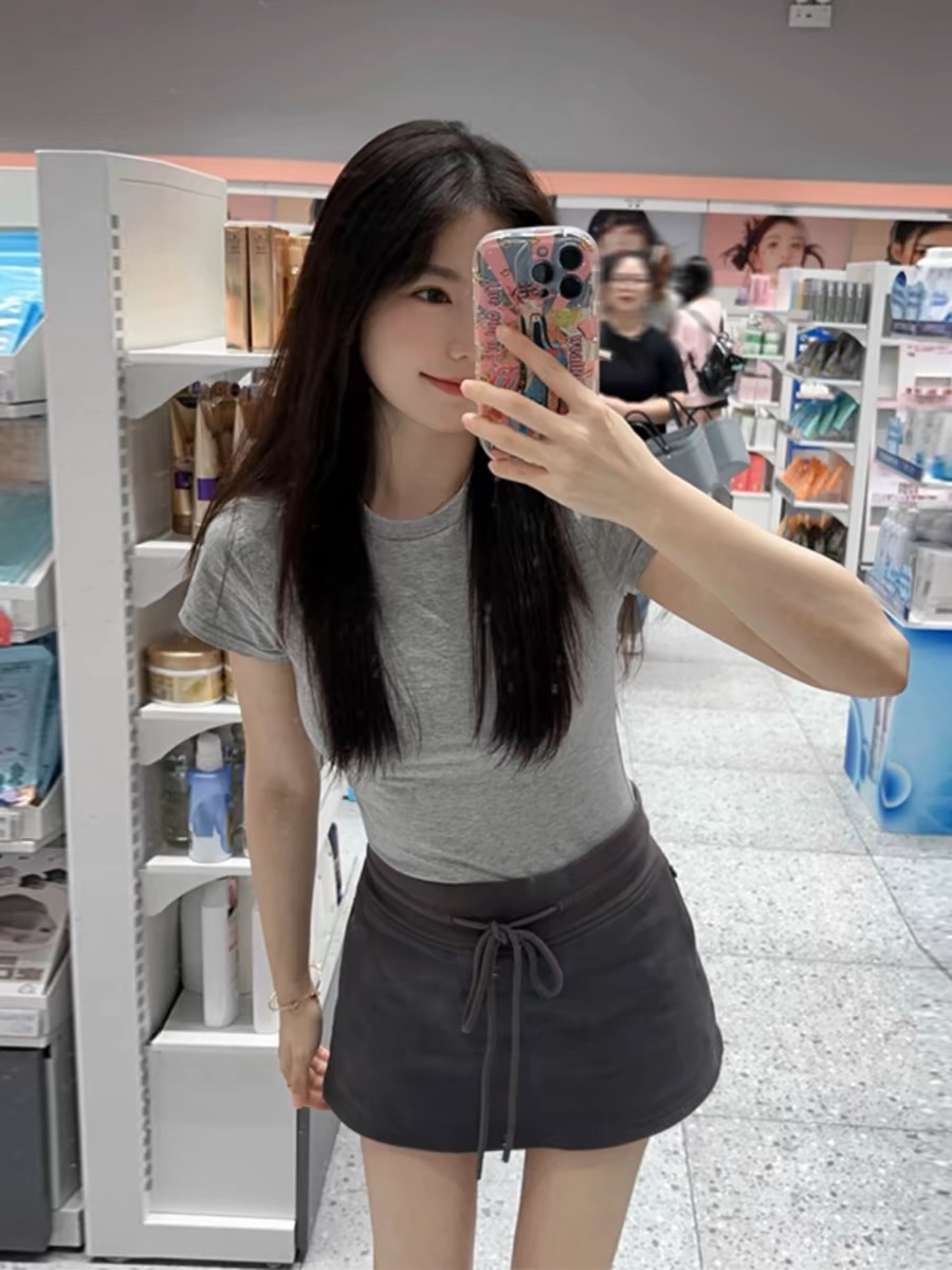 Sweet and spicy drawstring casual sports skirt for hot girls, hip-hugging skirt, high-waisted, slimming, slim A-line skirt