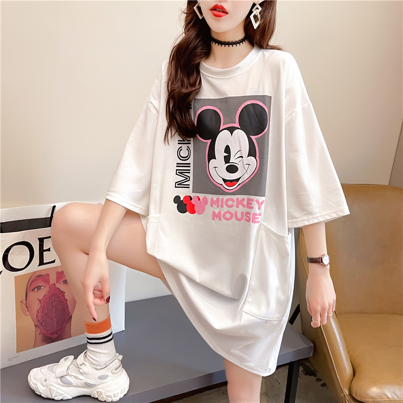 Real shot summer Korean style loose round neck cartoon print top mid-length large size women's short-sleeved T-shirt for women