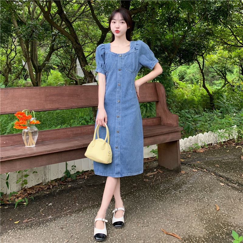 2024實拍夏裝復古小眾牛仔連衣裙女設計感方領收腰氣質輕熟長裙