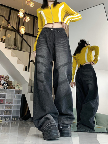 Real shot ~ American retro heavy-duty washed distressed faded jeans loose straight wavy wide-leg trousers