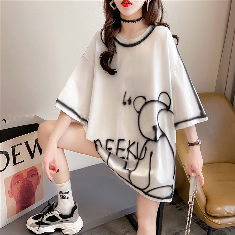 Real shot summer Korean style loose round neck cartoon printed and dyed tops mid-length large size women's short-sleeved T-shirts for women