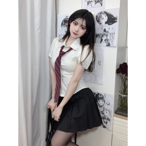 Liberal arts student white short-sleeved JK black box pleated skirt lady college style suit