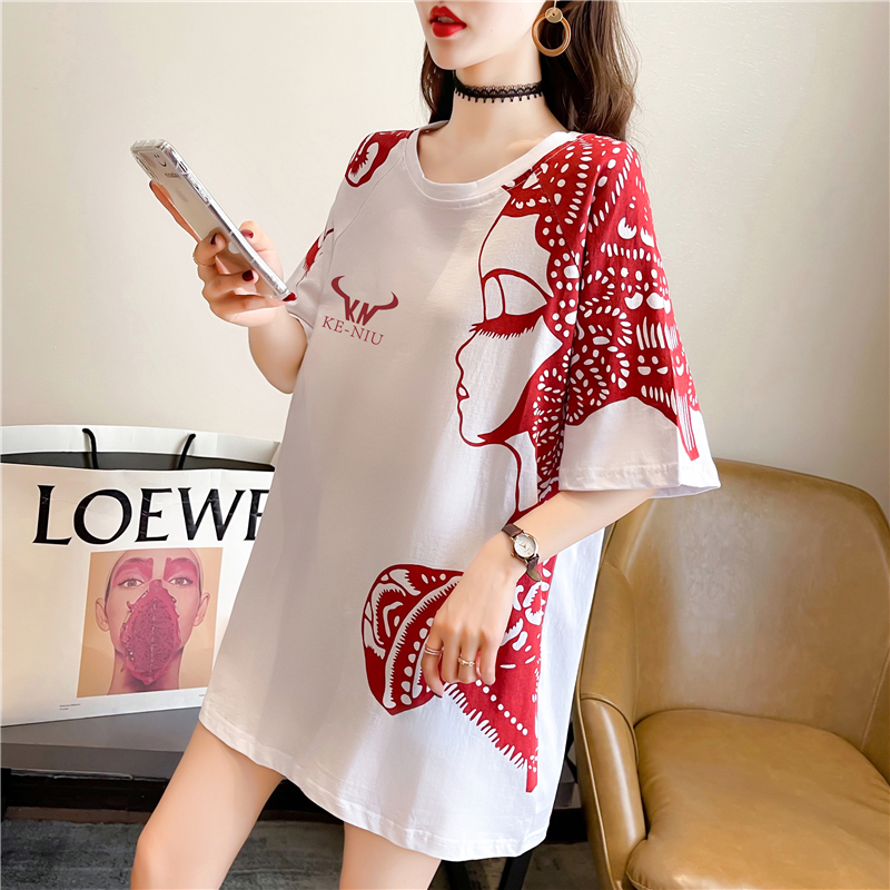 Real shot Summer Korean fashion loose Chinese style printed top mid-length plus size women's short-sleeved T-shirt