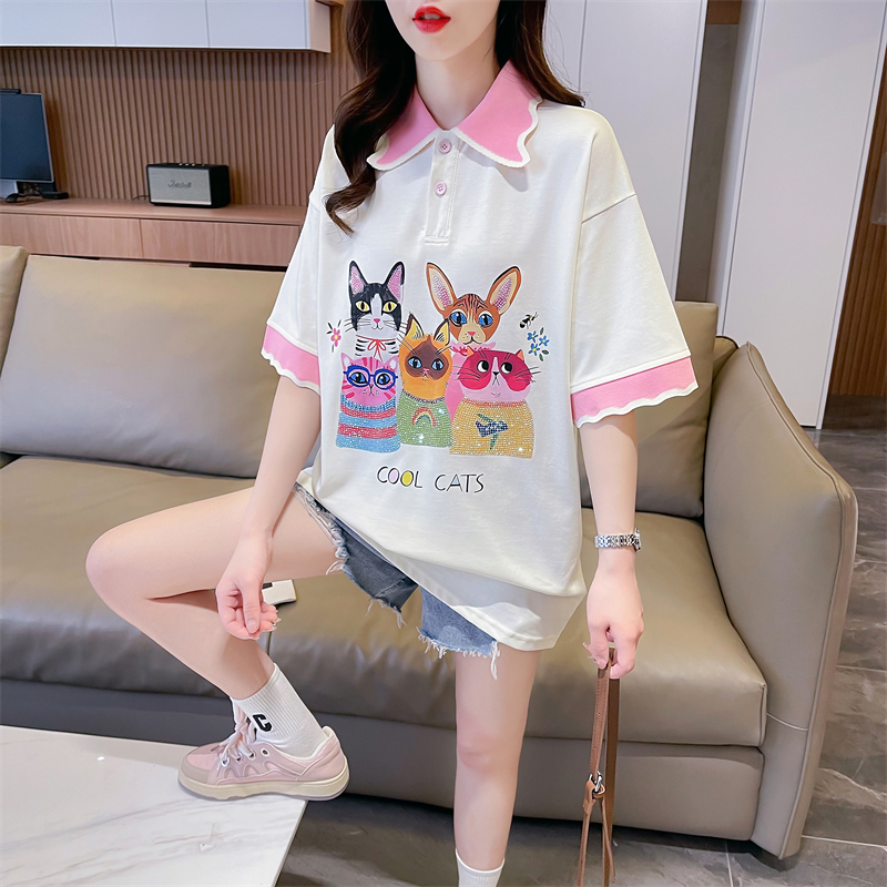 Real shot 2024 summer Korean style loose polyester fiber POLO collar striped cartoon embroidered short-sleeved T-shirt for women