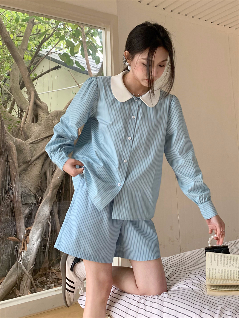 Actual shot 50080 new striped long-sleeved shirt + 50081 wide-leg shorts petite outfit spring and autumn women