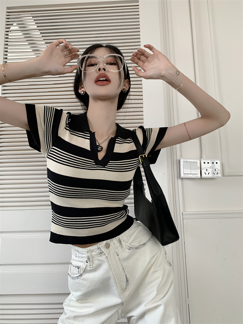 Actual shot of new spring striped sweater POLO shirt short-sleeved top for women