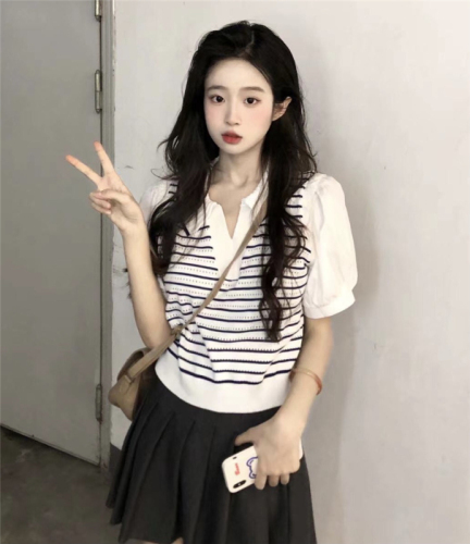 polo collar striped knitted short-sleeved women's summer dress new fake two-piece puff sleeve short chic shirt top