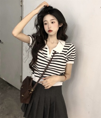 Sweet and spicy pure desire knitted new striped short style versatile slim fit POLO collar short sleeve short top trendy