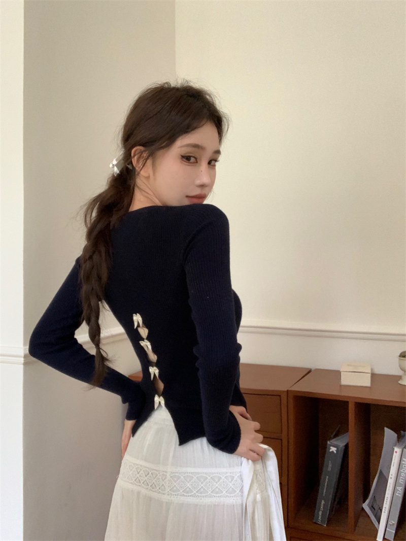 Actual shot of hollow knitted sweater for women, slim long sleeve design, round neck inner top