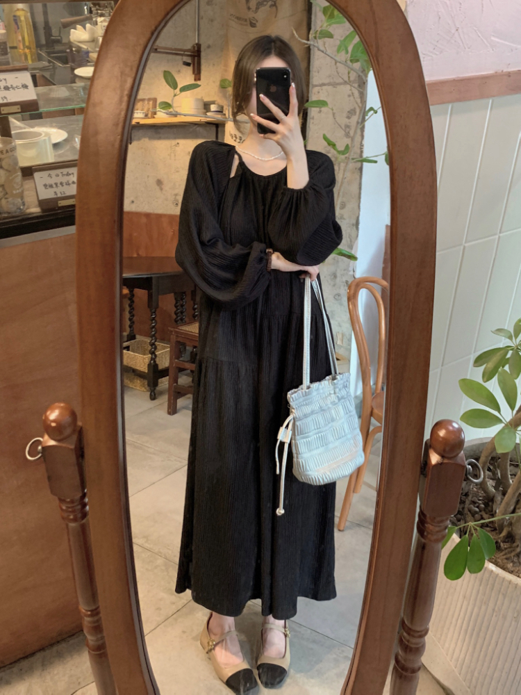 Actual shot~Korean chic asymmetric design round neck pleated textured loose long dress