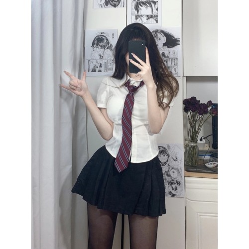 Liberal arts student white short-sleeved JK black box pleated skirt lady college style suit