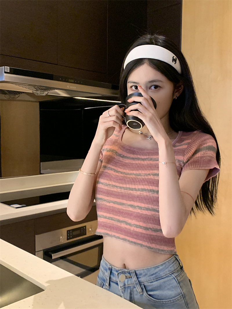 Real shot 4 colors/spring new contrast striped square collar slim knitted sweater short-sleeved women's top