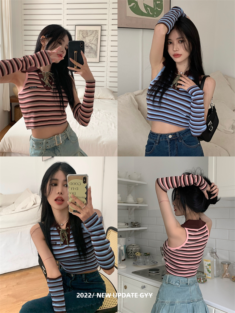 Real shot ~ early spring striped POLO collar knitted vest with sleeves