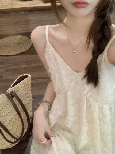 Real shot!  Apricot sweet tassel feather suspender dress v-neck slimming and beautiful seaside vacation long dress