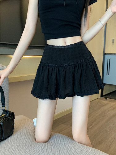 Real shot Korean style ballet style high waisted slimming A-line skirt lace solid color skirt