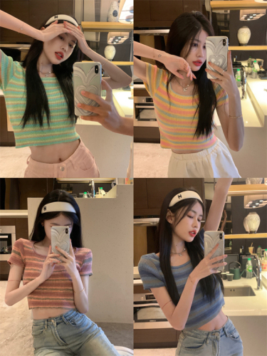 Real shot 4 colors/spring new contrast striped square collar slim knitted sweater short-sleeved women's top