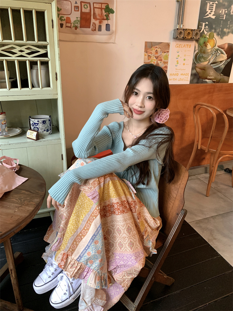Actual shot of strappy sweater for women, ice blue square collar top, high waisted A-line slimming skirt suit