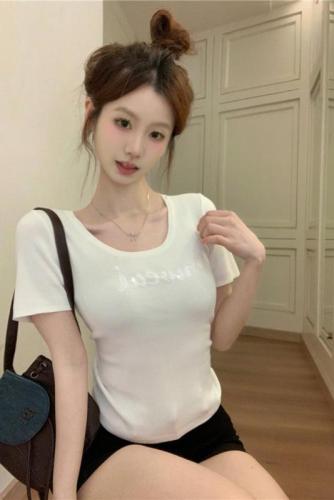 Actual shot~Spring new style~2024 spring sequin letter round neck short-sleeved female hot girl design niche top
