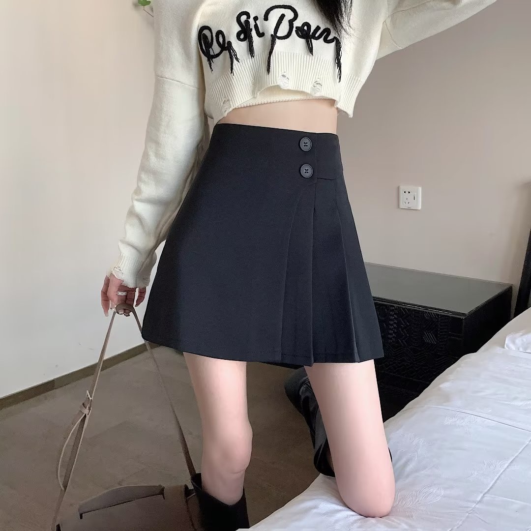 Black suit skirt for women spring new style irregular high waist slimming small A-line pleated skirt