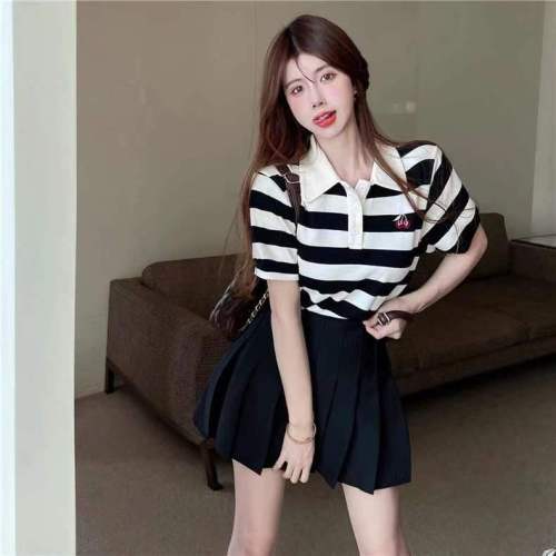 Black and white striped POIO collar shirt with cherry embroidery short sleeves + preppy pleated skirt suit