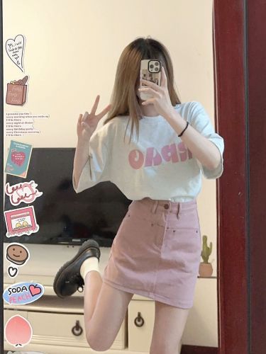 Fashion suit for women in summer, Korean version, loose printed short-sleeved T-shirt, slim tall waisted A-line skirt for small people, two-piece set