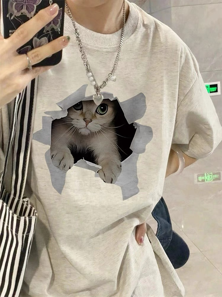 Personalized, creative, fun and cute cat short-sleeved T-shirt for women in summer Hong Kong chic retro loose half-sleeved top...