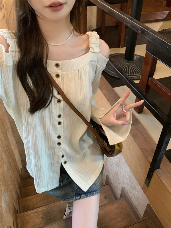 Real shot!  Korean style long-sleeved off-shoulder shirt for women, spring and summer niche black slimming one-shoulder top
