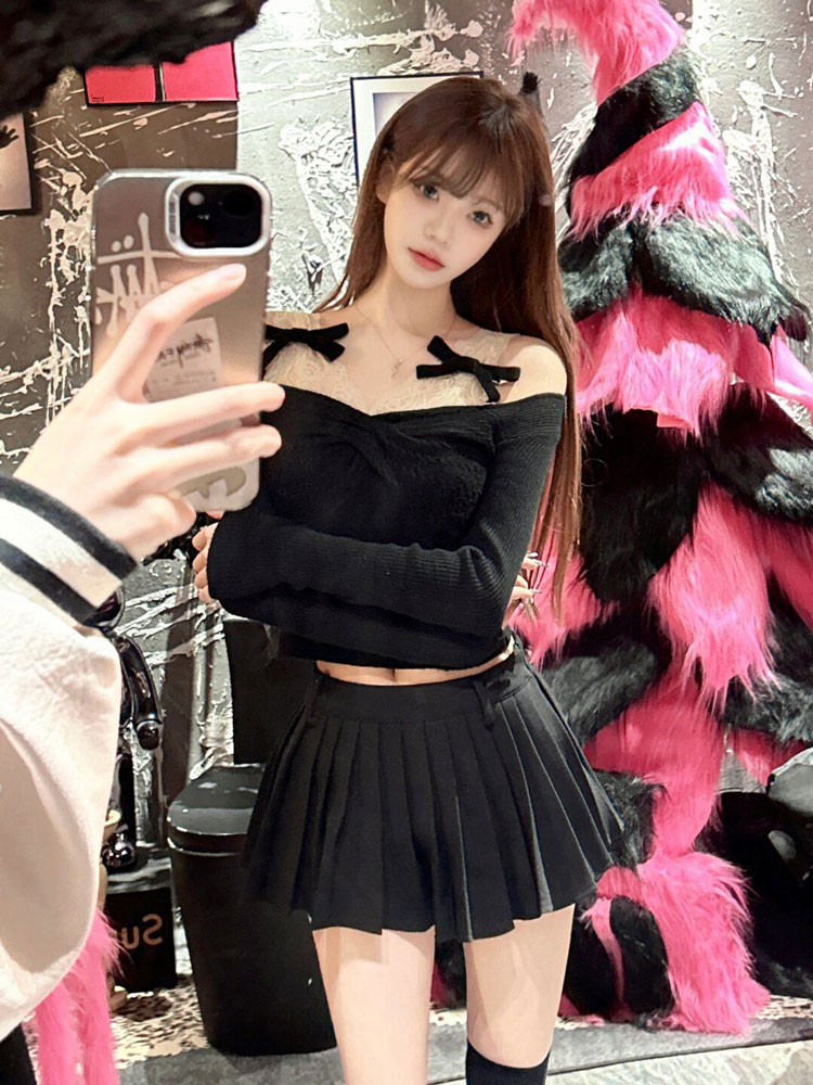 Fake two-piece spliced ​​lace V-neck sexy slim bottoming shirt versatile pure desire T-shirt for women with black skirt two-piece set