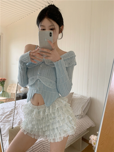 Actual shot of spring and autumn new style delicate soft glutinous stitching pure desire one-shoulder sweater knitted top for women