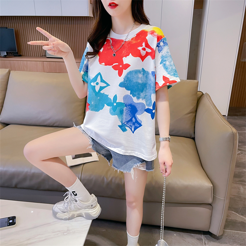 Real shot 2024 summer Korean style loose round neck printed mid-length large size short-sleeved T-shirt for women