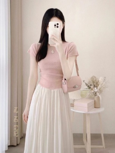 Tea style high-waist A-line skirt for small women new summer gentle pink suit