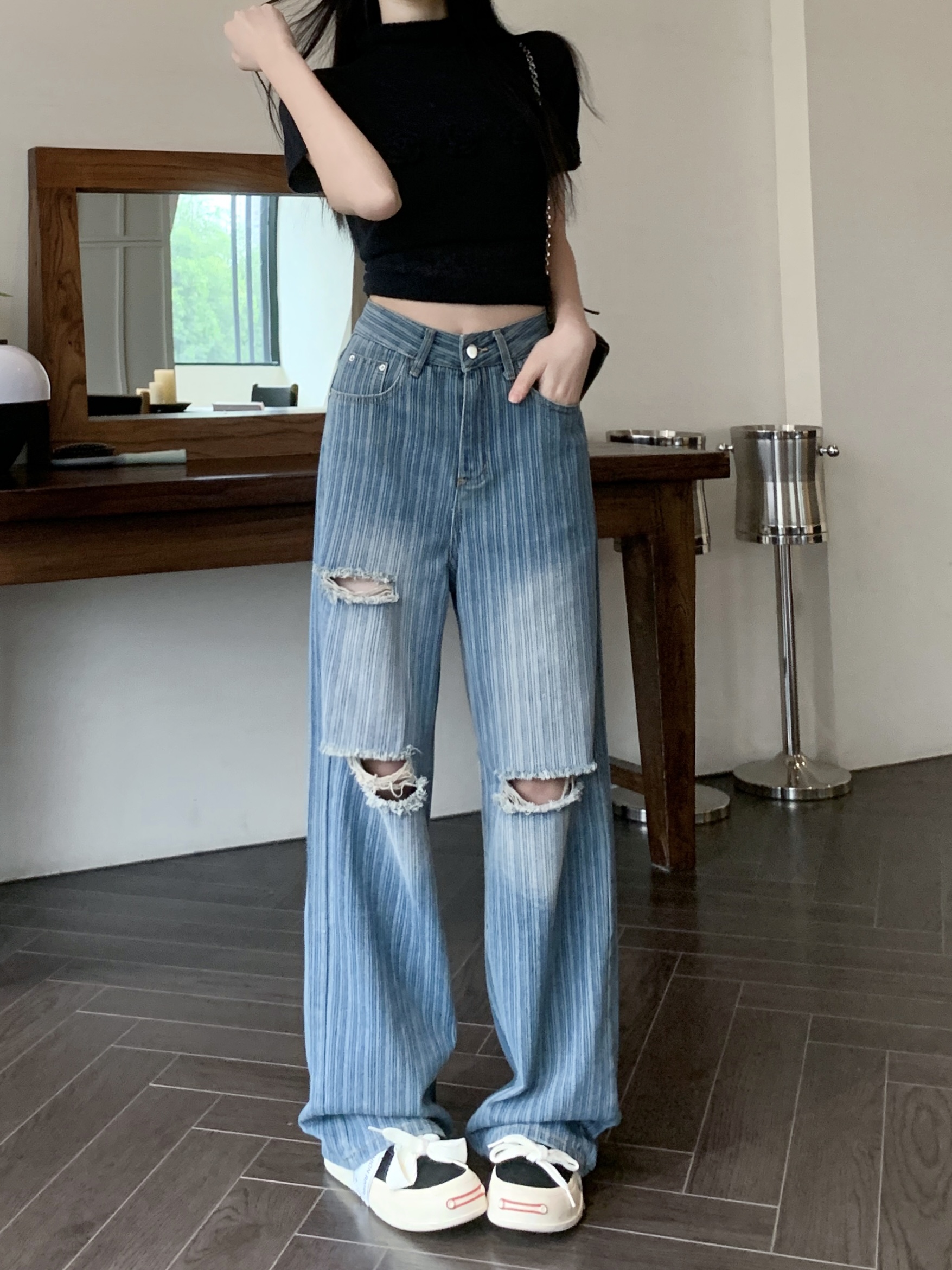 Real shot of retro striped ripped denim wide leg pants for women