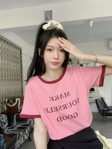 A02 real shot~Large size women's clothing slimming and flesh-covering contrasting color round neck letter printed threaded short-sleeved T-shirt for women