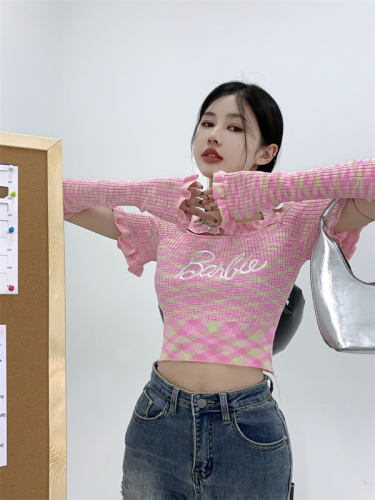 Actual shot of spring new hot girl one-shoulder thin halterneck design pink sleeve sweater top