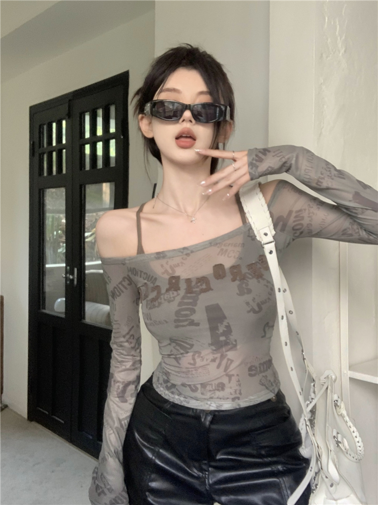 Actual shot ~ Sling two-piece set for hot girls, slimming one-shoulder short mesh top