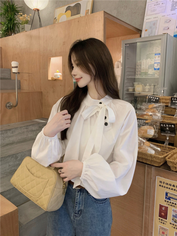 Real shot!  French chic retro stand-up collar temperament slant button shirt niche long-sleeved design Korean style shirt