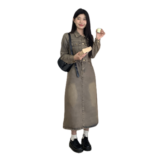 Real shot ~ Hepburn style retro denim dress spring Korean version waist slimming this year's popular shirt dress