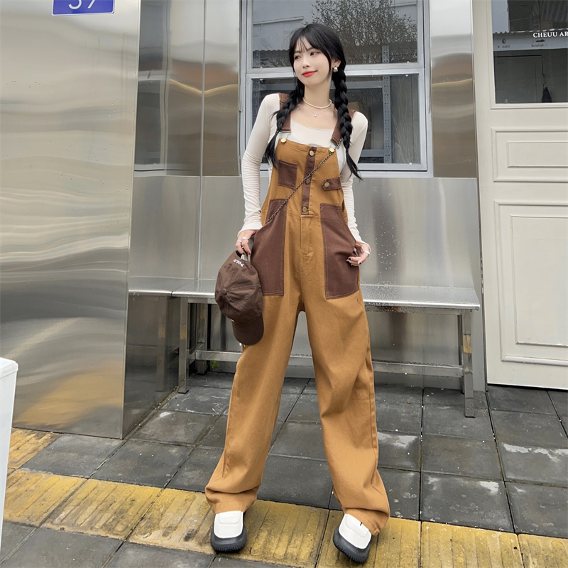 2024春裝新款實拍棕色背帶褲大碼美式高腰連體褲兩面穿S-5XL200斤
