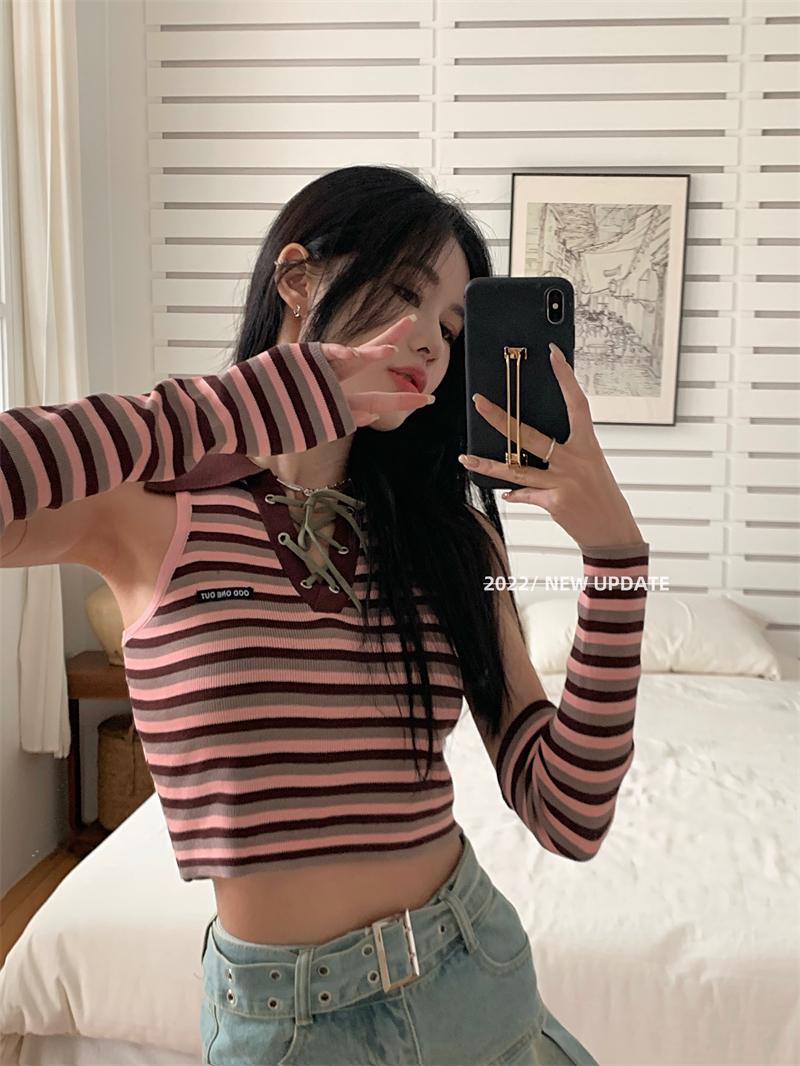 Real shot ~ early spring striped POLO collar knitted vest with sleeves
