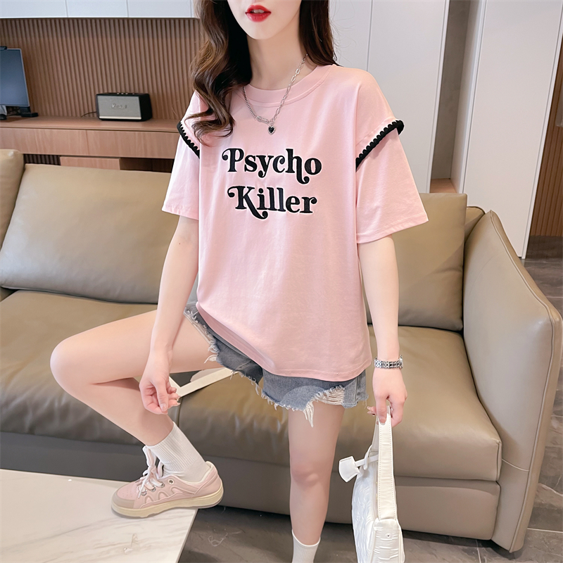 Real shot 2024 summer Korean style loose round neck 6535 cotton letter print large size short-sleeved T-shirt for women
