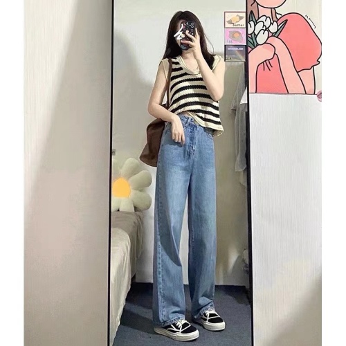 Blue straight-leg jeans for women summer new high-waist drape small loose wide-leg two-piece suit