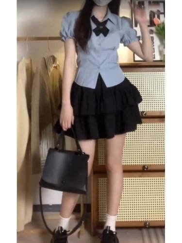 Slightly fat JK Japanese uniform shirt women's top + versatile high-waist slimming lace-up short skirt tutu skirt