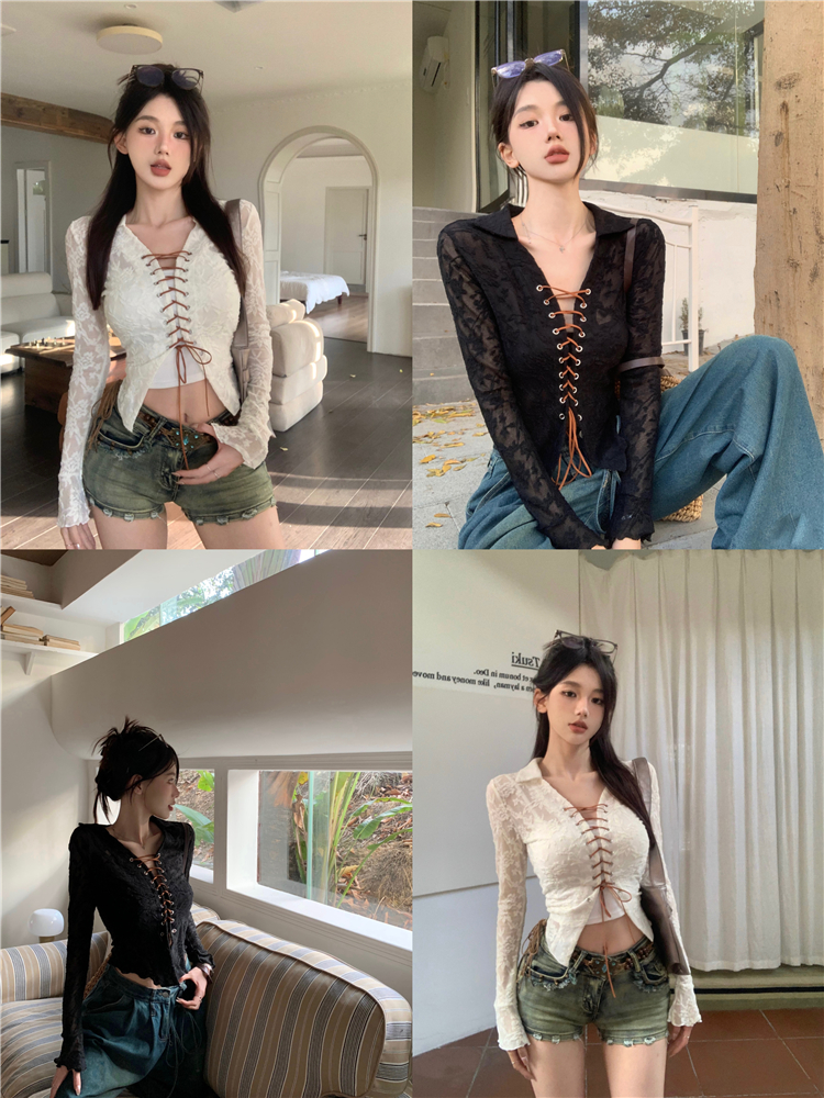 Real shot~Pure style drawstring lace shirt women's V-neck trumpet sleeve waist bottoming top