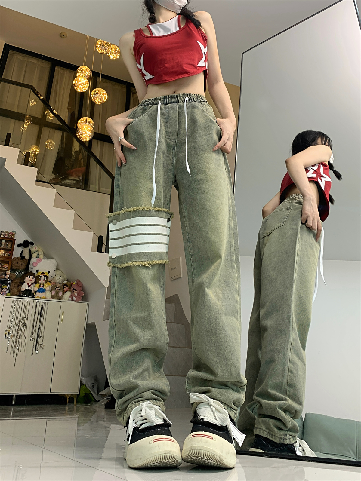 Actual shot ~ Retro elastic waist four-striped denim trousers for women high waist versatile simple casual pants