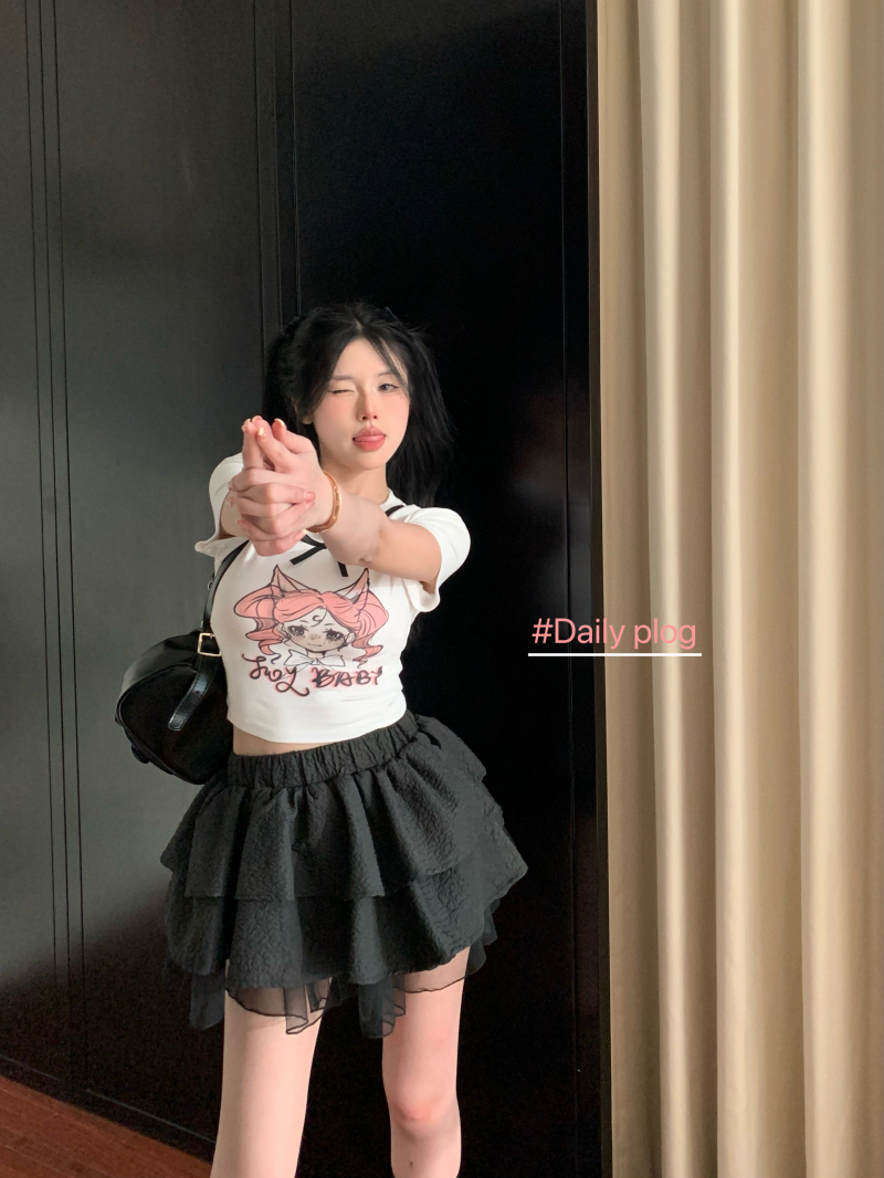 實拍 純欲辣妹印花短袖圓領T恤夏季甜美收腰蛋糕蓬蓬裙套裝