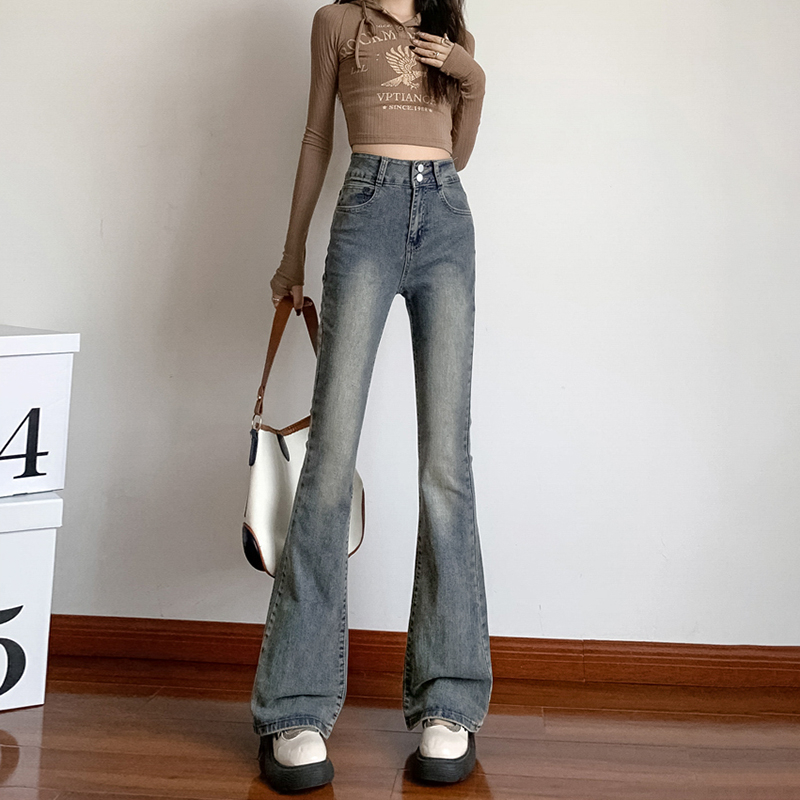 美式個性高腰微喇叭牛仔褲女秋冬季顯瘦梨形身材拖地馬蹄牛仔褲子