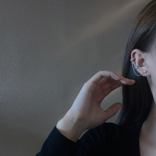 实拍S925银针时尚设计感套装组合无耳洞耳骨夹耳钉链条圆圈